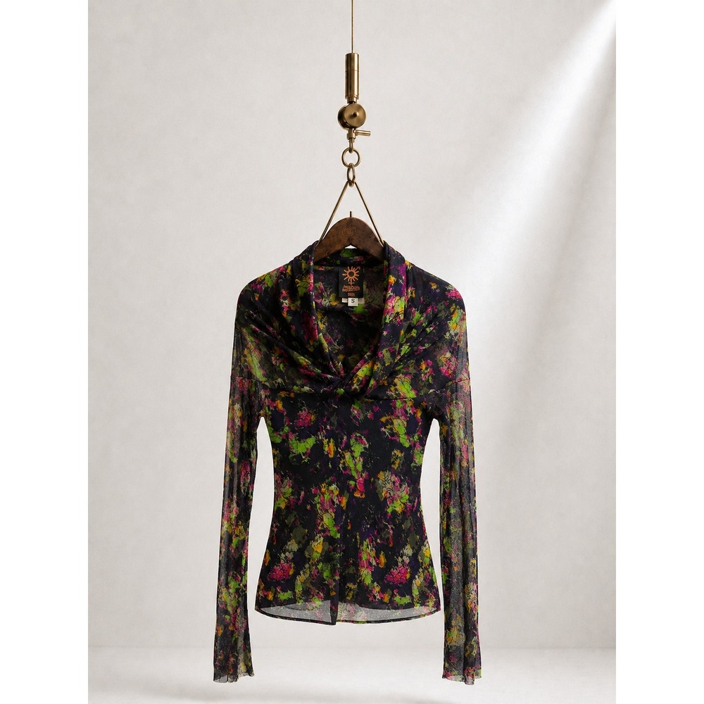 VTG Jean Paul Gaultier Soleil Mesh Cowl Neck Top S Abstract Floral Fuzzi Italy